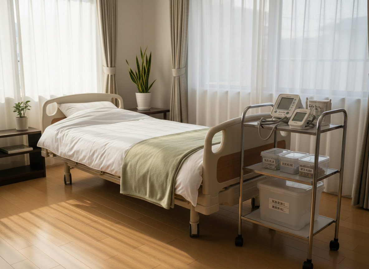 A neatly made single hospital-style bed with crisp white linens and a pale olive-green blanket folded at the foot, set in a modest Japanese living room that has been adapted for home nursing care. Beside the bed, a clean, compact medical cart holds organized equipment, digital blood pressure monitor, and neatly labeled containers. Soft morning light enters through shoji-style windows with sheer curtains, casting gentle, diffused shadows on hardwood flooring. The atmosphere is calm, reassuring, and professional. Photographic realism, shot at eye level with a slight angle, moderate depth of field keeping both the bed and equipment in clear focus, while the background of low wooden shelves and a small indoor plant subtly blurs, emphasizing safety and trust in home-based care.