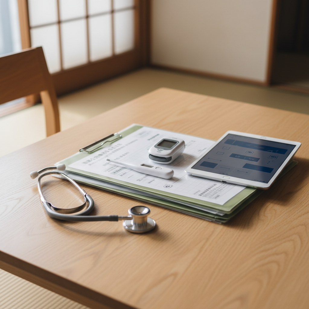 A close-up of a carefully arranged set of home-visit nursing tools laid out on a light wooden dining table in a Japanese home. A stethoscope, digital thermometer, pulse oximeter, and neatly stacked patient charts in clear plastic folders sit beside a tablet displaying a simple, non-legible interface. All equipment appears clean, modern, and well-maintained, with soft textures in neutral whites, grays, and olive accents. Natural afternoon light from a nearby window creates gentle highlights on the metallic surfaces and subtle shadows along the table grain. The composition is photographed from a slightly elevated angle with shallow depth of field, creating a focused, trustworthy, and organized mood that reflects compliant, professional nursing care delivered in a familiar home setting.